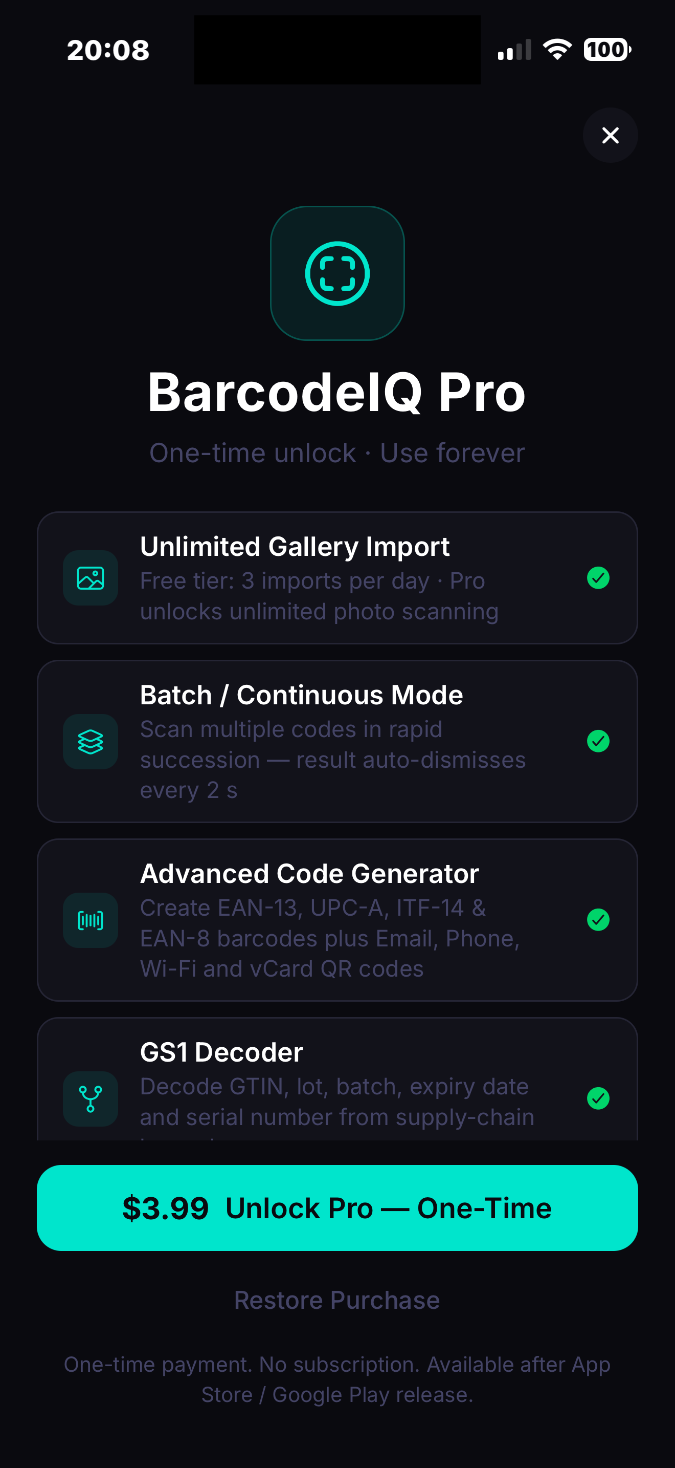 BarcodeIQ Pro upgrade